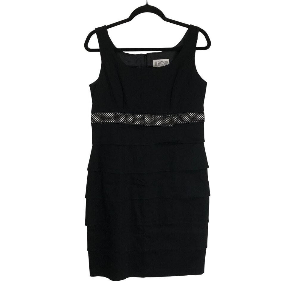 Julian Taylor Black Sleeveless Tiered Sheath Dress Sz 10 Polka Dot Waist Accent